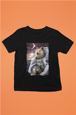 Astronot Husky Baskılı Unisex Siyah  Çocuk Tişört