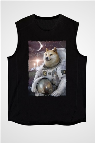 Astronot Husky Baskılı Unisex Siyah  Kolsuz Tişört