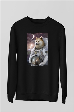 Astronot Husky Baskılı Unisex Siyah  Sweatshirt