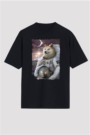 Astronot Husky Baskılı Oversize Siyah Tişört