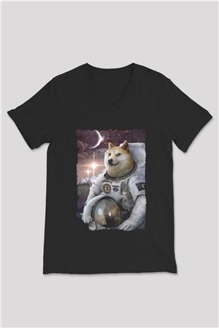 Astronot Husky Baskılı Unisex Siyah  V Yaka Tişört