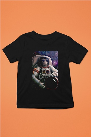 Astronot Maymun Baskılı Unisex Siyah  Çocuk Tişört