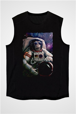 Astronot Maymun Baskılı Unisex Siyah  Kolsuz Tişört