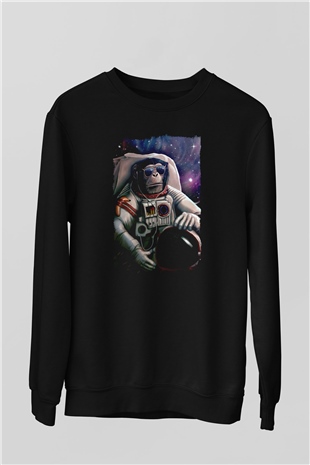 Astronot Maymun Baskılı Unisex Siyah  Sweatshirt