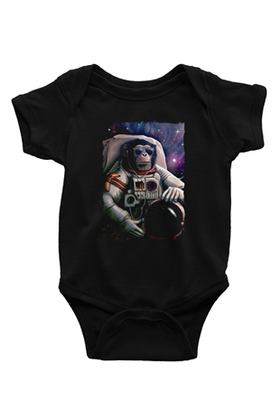 Astronot Maymun BaskılıSiyah  Bebek Body - Zıbın