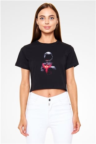 Astronot Siyah Crop Top Tişört