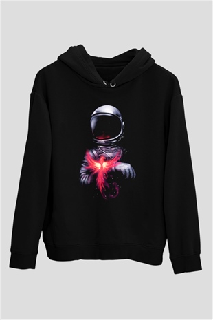 Astronot Siyah Unisex Kapşonlu Sweatshirt