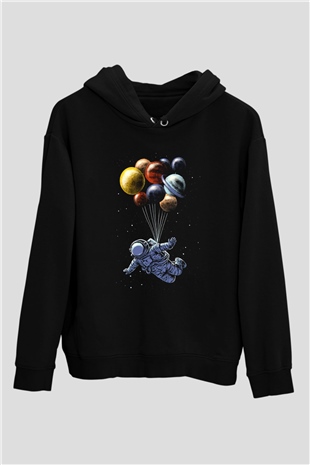 Astronot Siyah Unisex Kapşonlu Sweatshirt
