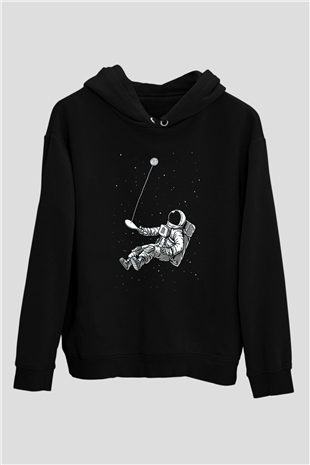 Astronot Siyah Unisex Kapşonlu Sweatshirt