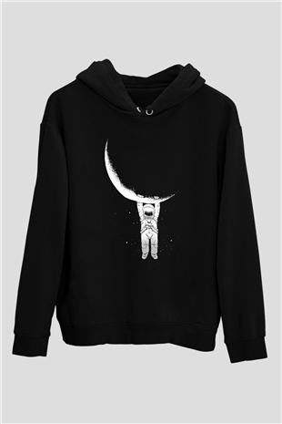 Astronot Siyah Unisex Kapşonlu Sweatshirt