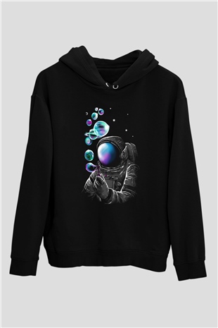 Astronot Siyah Unisex Kapşonlu Sweatshirt