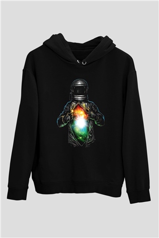 Astronot Siyah Unisex Kapşonlu Sweatshirt
