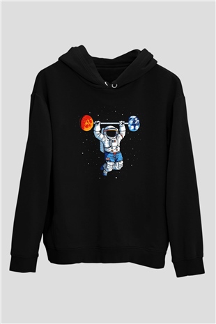 Astronot Siyah Unisex Kapşonlu Sweatshirt