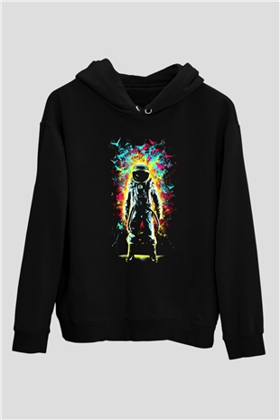 Astronot Siyah Unisex Kapşonlu Sweatshirt