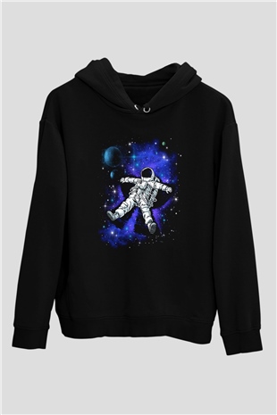 Astronot Siyah Unisex Kapşonlu Sweatshirt