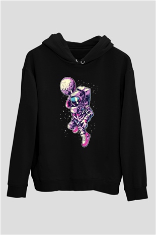 Astronot Siyah Unisex Kapşonlu Sweatshirt
