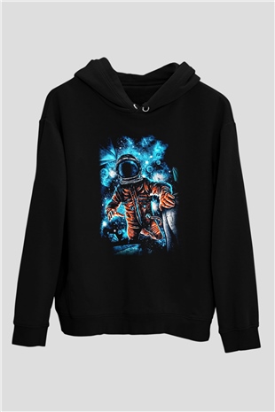 Astronot Siyah Unisex Kapşonlu Sweatshirt