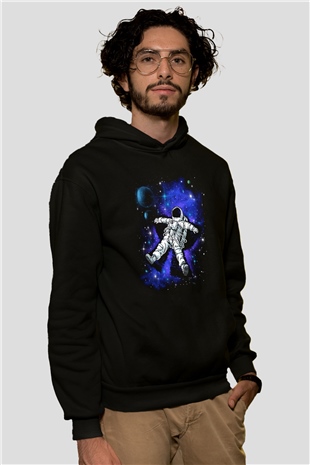 Astronot Siyah Unisex Kapşonlu Sweatshirt