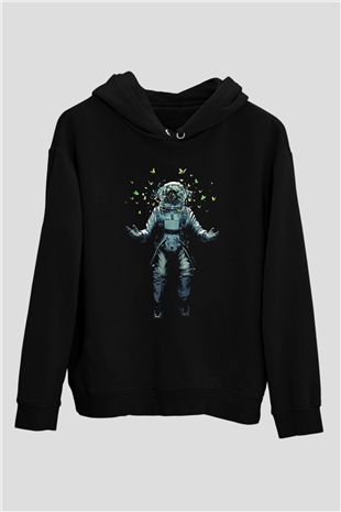 Astronot Siyah Unisex Kapşonlu Sweatshirt