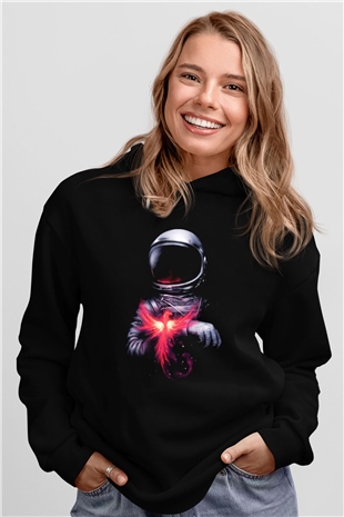 Astronot Siyah Unisex Kapşonlu Sweatshirt