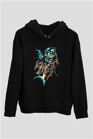 Astronot Siyah Unisex Kapşonlu Sweatshirt