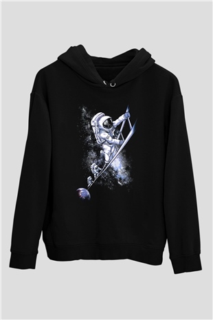 Astronot Siyah Unisex Kapşonlu Sweatshirt