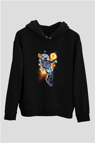 Astronot Siyah Unisex Kapşonlu Sweatshirt