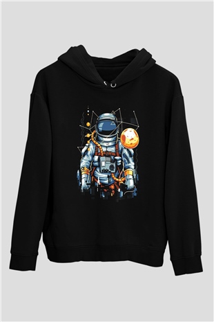 Astronot Siyah Unisex Kapşonlu Sweatshirt