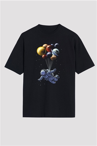 Astronot Siyah Unisex Oversize Tişört T-Shirt
