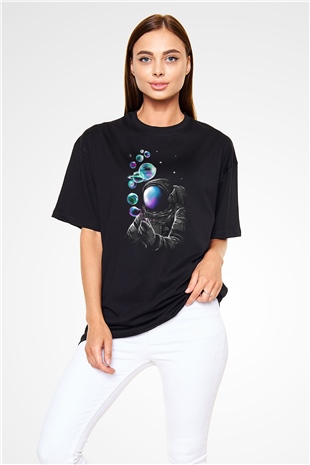 Astronot Siyah Unisex Oversize Tişört T-Shirt
