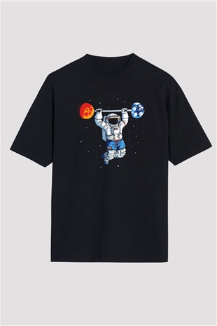 Astronot Siyah Unisex Oversize Tişört T-Shirt
