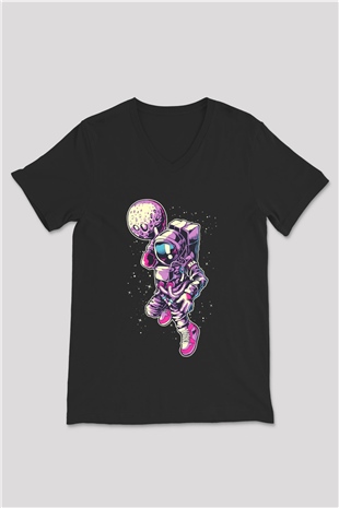 Astronot Siyah Unisex V Yaka Tişört T-Shirt