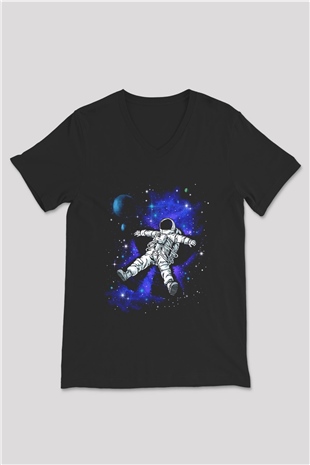 Astronot Siyah Unisex V Yaka Tişört T-Shirt