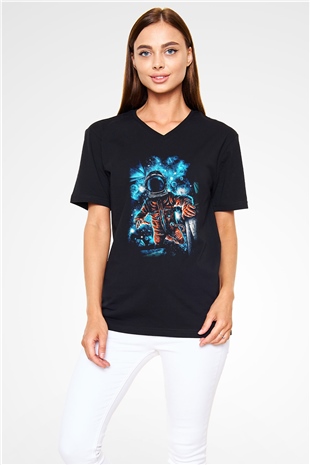 Astronot Siyah Unisex V Yaka Tişört T-Shirt