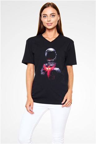 Astronot Siyah Unisex V Yaka Tişört T-Shirt