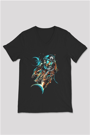 Astronot Siyah Unisex V Yaka Tişört T-Shirt