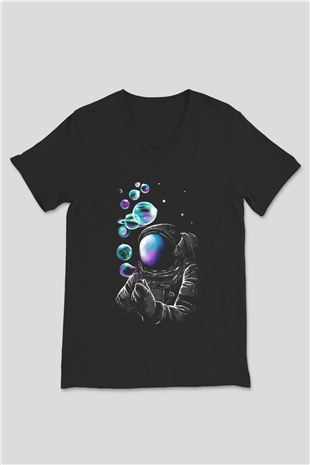 Astronot Siyah Unisex V Yaka Tişört T-Shirt