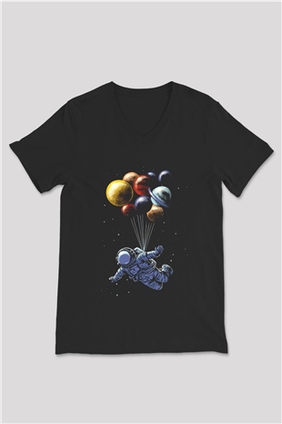 Astronot Siyah Unisex V Yaka Tişört T-Shirt