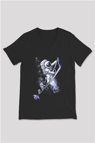 Astronot Siyah Unisex V Yaka Tişört T-Shirt