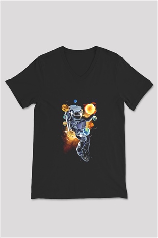 Astronot Siyah Unisex V Yaka Tişört T-Shirt