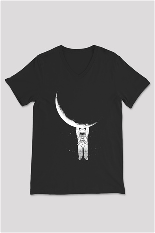 Astronot Siyah Unisex V Yaka Tişört T-Shirt