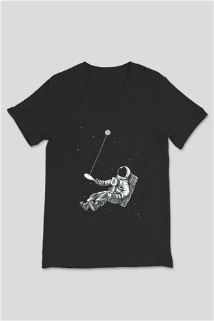 Astronot Siyah Unisex V Yaka Tişört T-Shirt