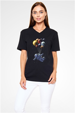 Astronot Siyah Unisex V Yaka Tişört T-Shirt