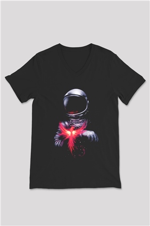 Astronot Siyah Unisex V Yaka Tişört T-Shirt