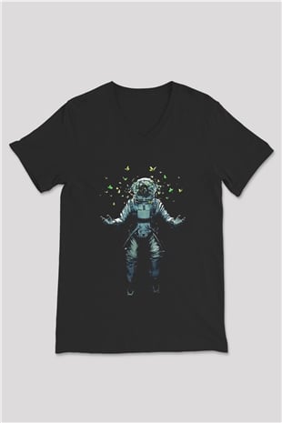 Astronot Siyah Unisex V Yaka Tişört T-Shirt