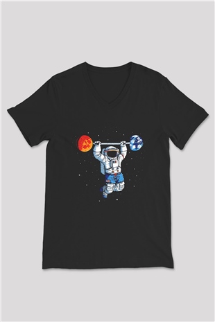 Astronot Siyah Unisex V Yaka Tişört T-Shirt