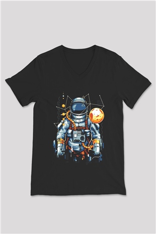 Astronot Siyah Unisex V Yaka Tişört T-Shirt