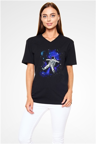 Astronot Siyah Unisex V Yaka Tişört T-Shirt