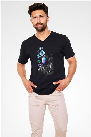 Astronot Siyah Unisex V Yaka Tişört T-Shirt
