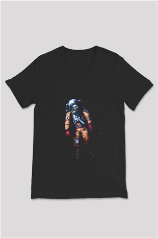 Astronot Siyah Unisex V Yaka Tişört T-Shirt
